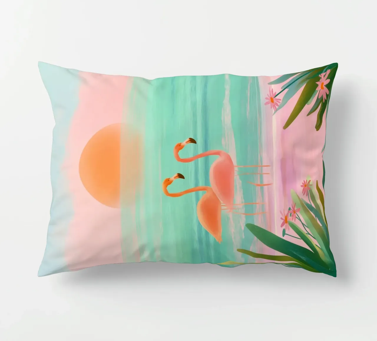 Sunset Bloom – Flamingos in a Blush Lagoon cuscino da Dune