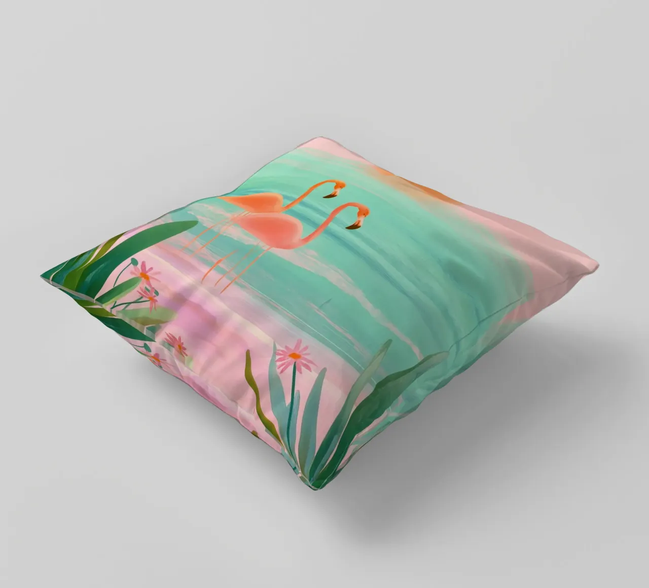 Sunset Bloom – Flamingos in a Blush Lagoon cuscino da Dune