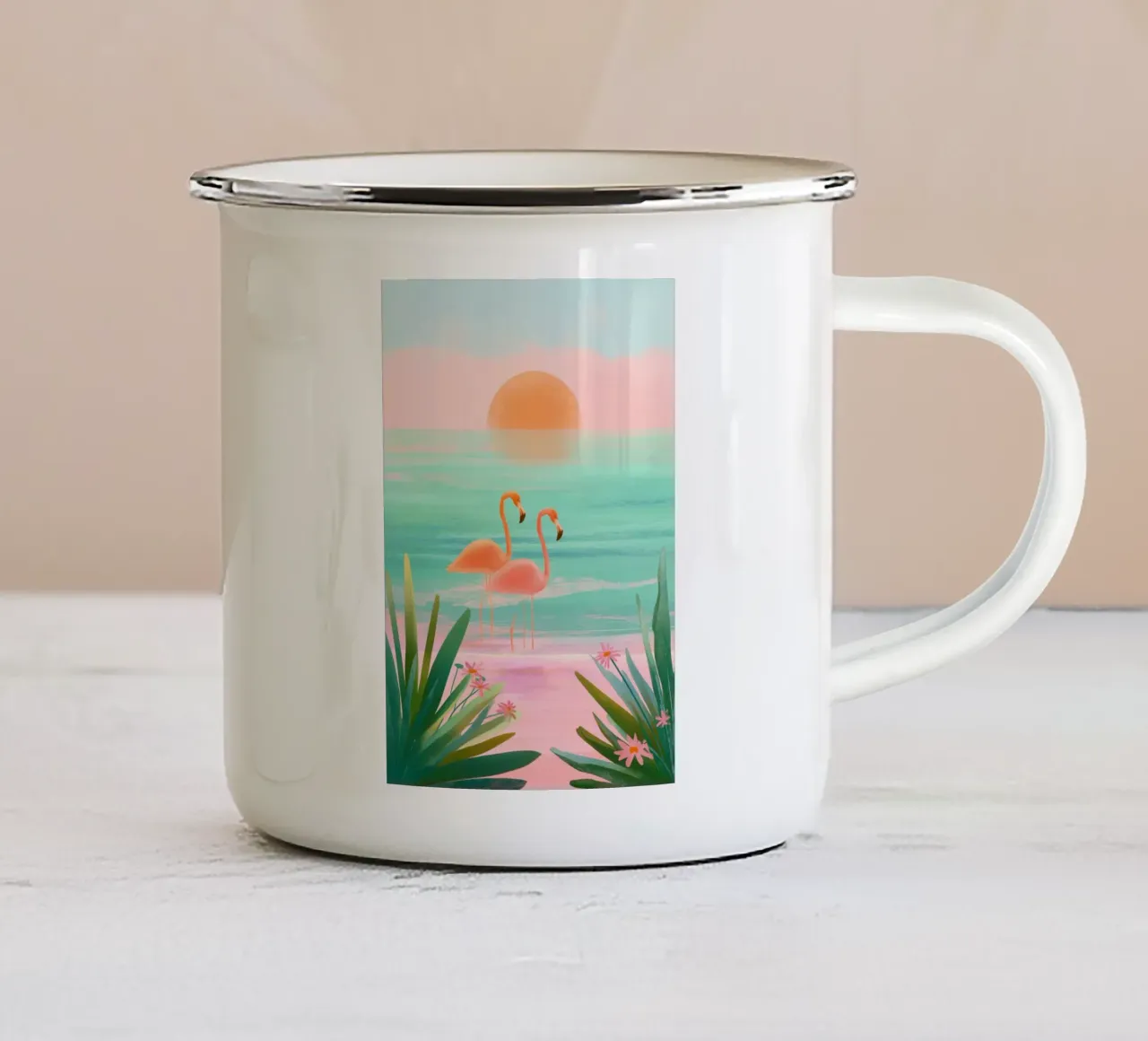 Sunset Bloom – Flamingos in a Blush Lagoon tazza in smalto da Dune