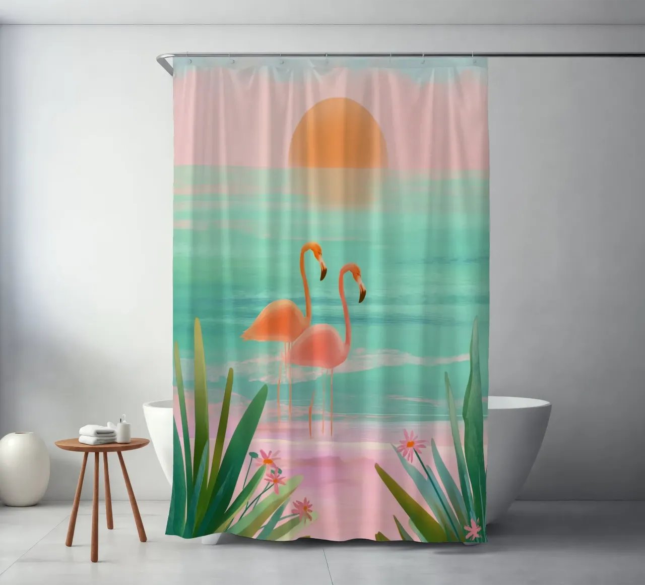 Sunset Bloom – Flamingos in a Blush Lagoon tenda da doccia da Dune