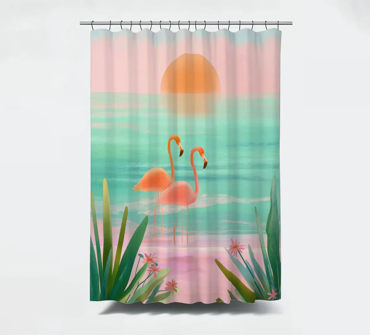 Sunset Bloom – Flamingos in a Blush Lagoon tenda da doccia da Dune