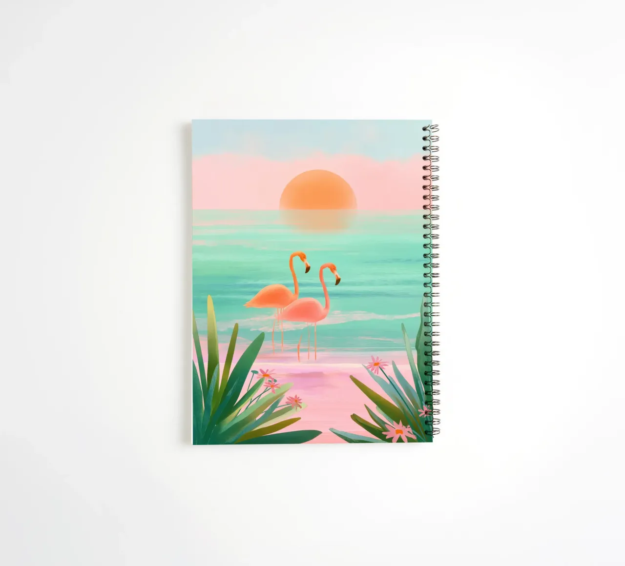 Sunset Bloom – Flamingos in a Blush Lagoon spiral notebook by Dune