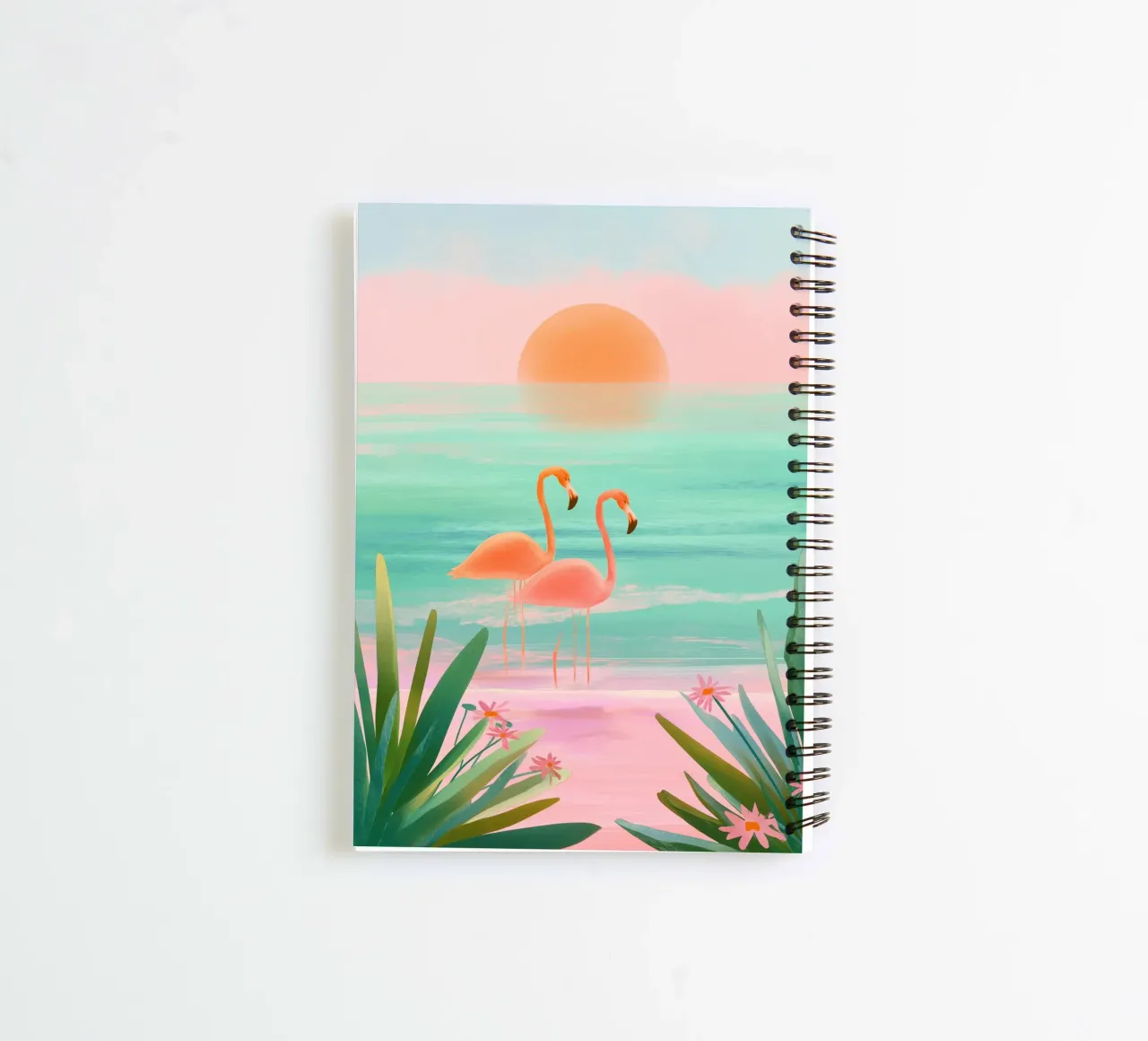 Sunset Bloom – Flamingos in a Blush Lagoon spiral notebook by Dune