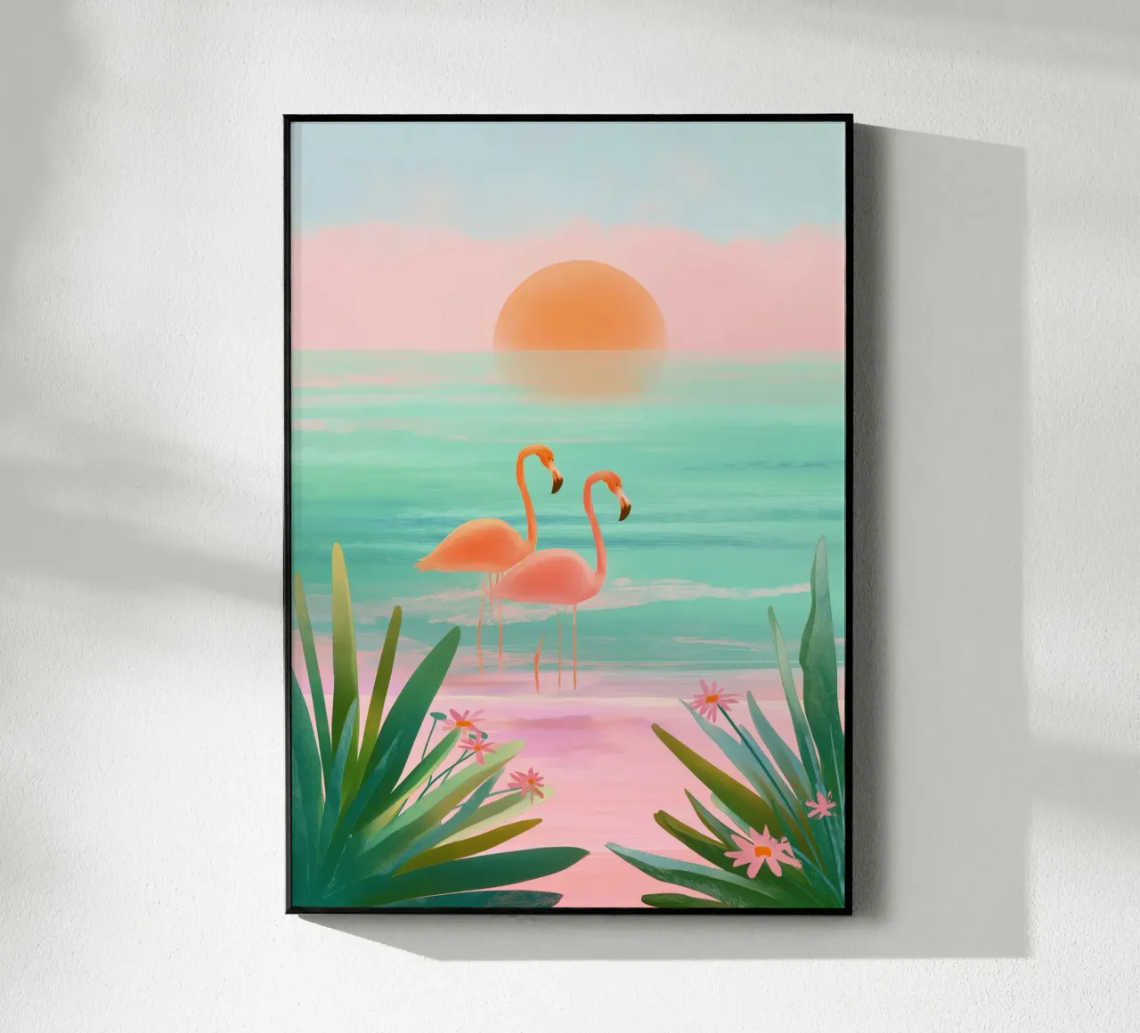Sunset Bloom – Flamingos in a Blush Lagoon plexiglass da Dune