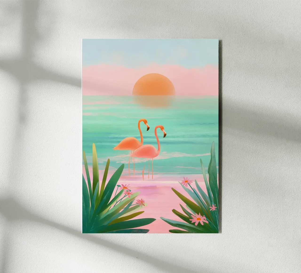 Sunset Bloom – Flamingos in a Blush Lagoon alluminio dibond da Dune