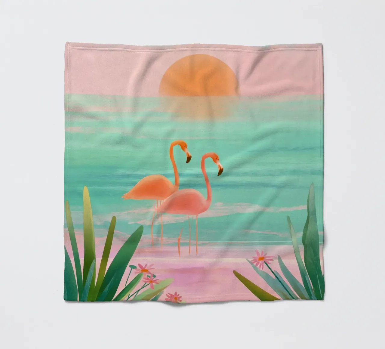 Sunset Bloom – Flamingos in a Blush Lagoon coperta in pile da Dune