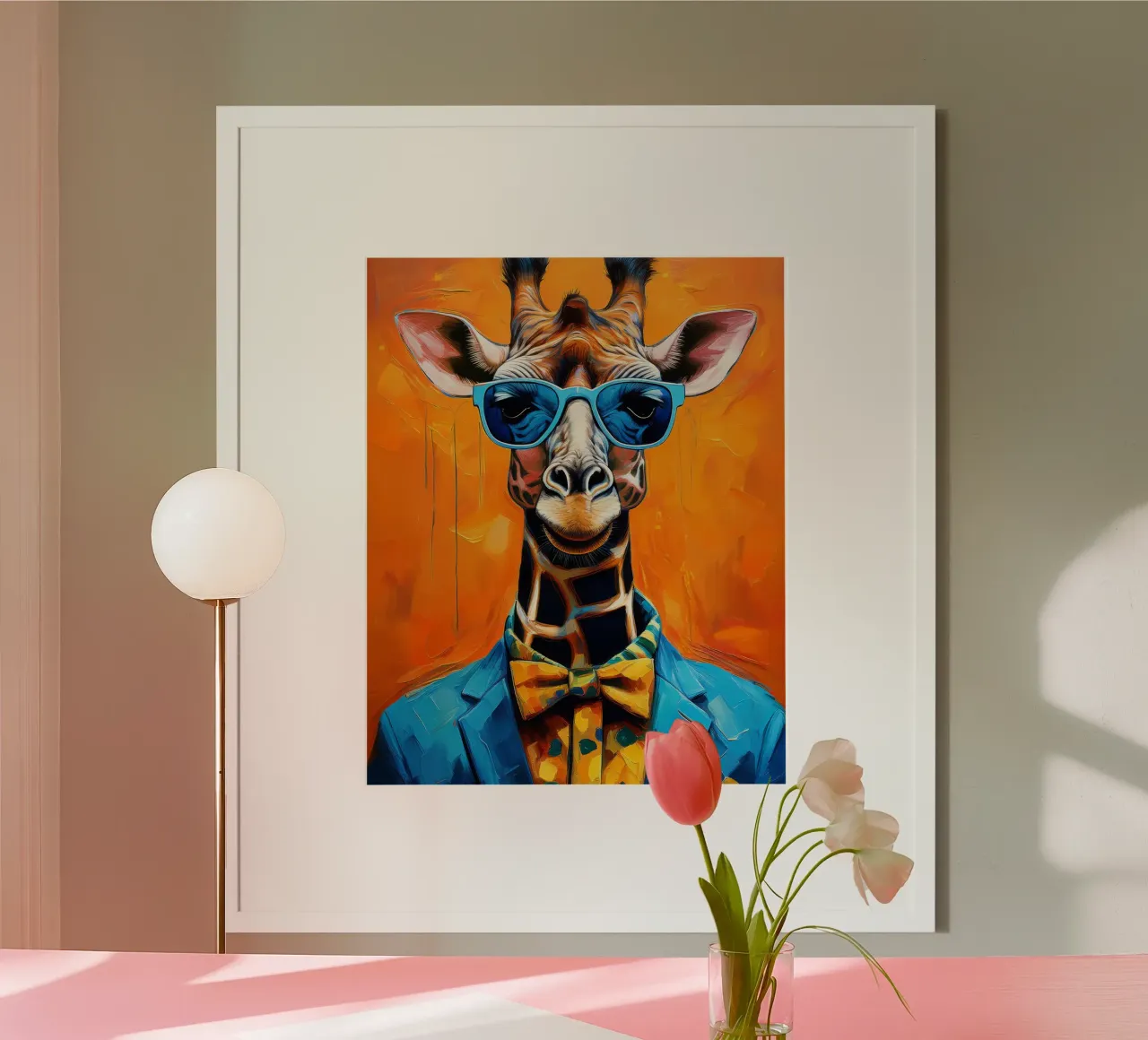 Ritratto di giraffa con occhiali da sole e vestito Pop Art poster con telaio in alluminio da Take Your Art BV