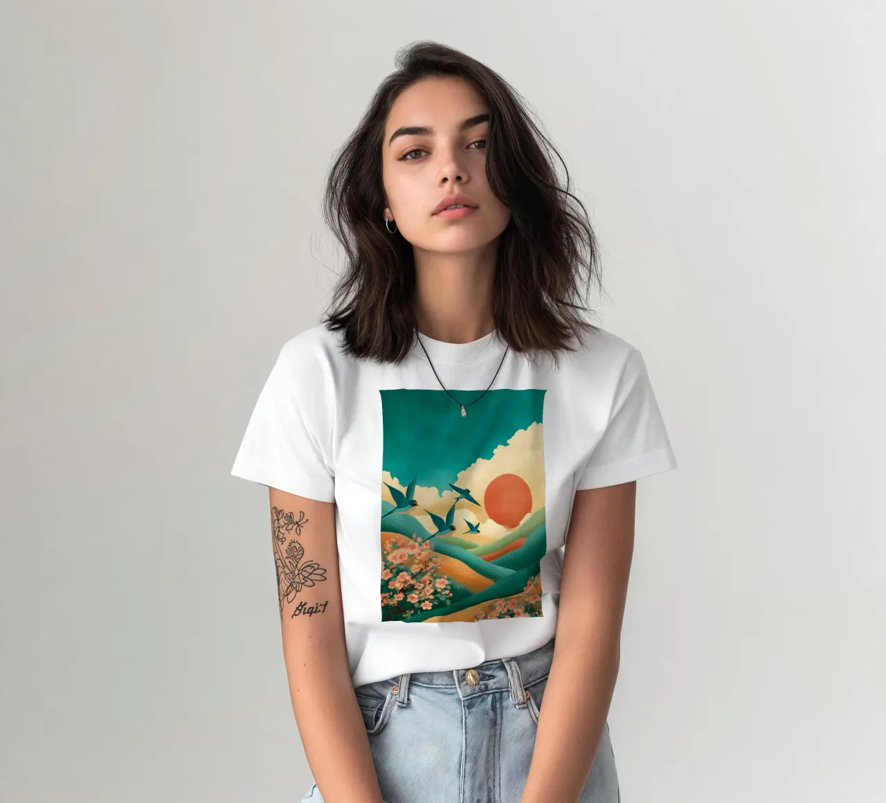 Swallows at Dawn – Flight Over Blossom Hills t-shirt da Dune