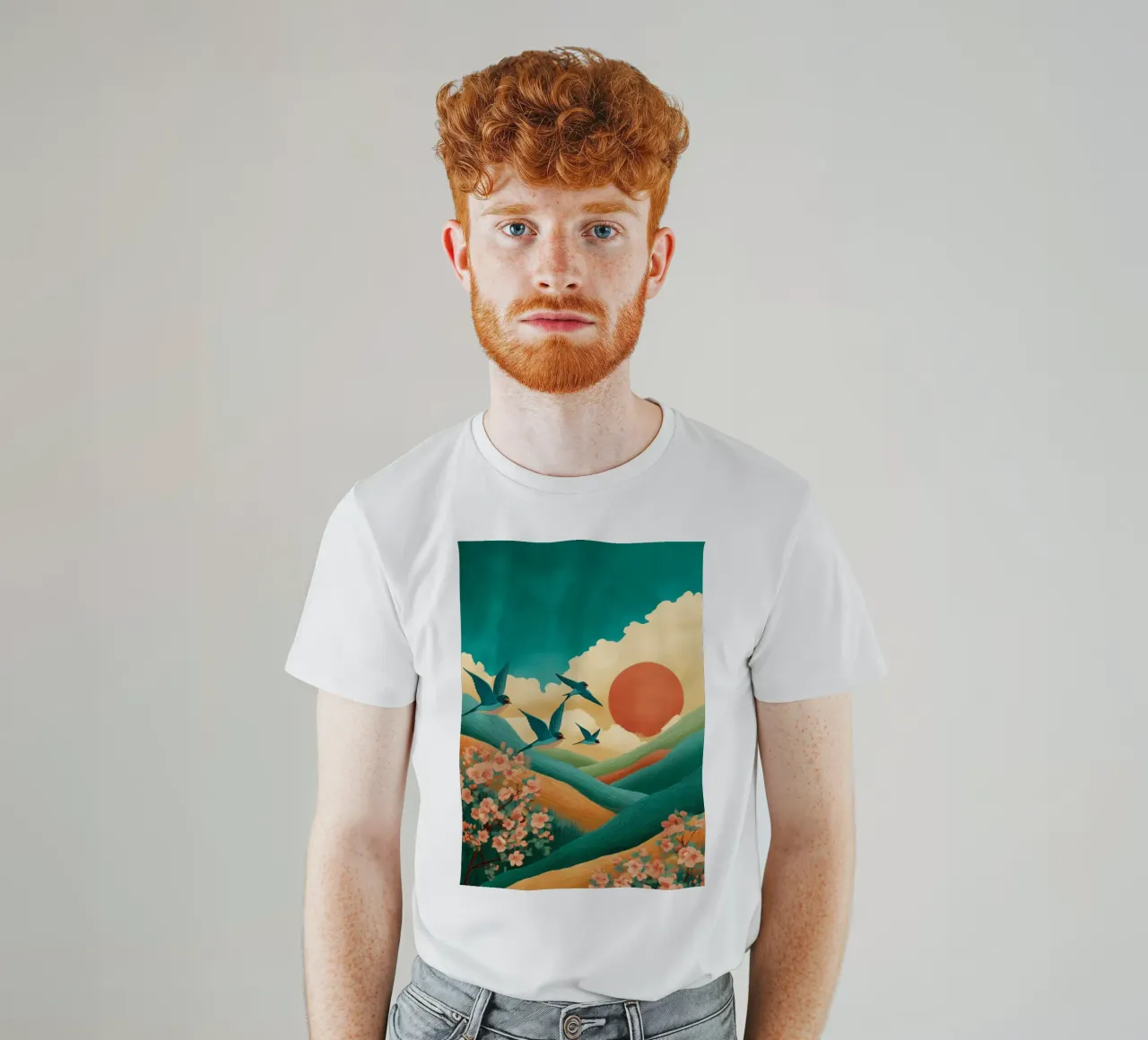 Swallows at Dawn – Flight Over Blossom Hills t-shirt da Dune