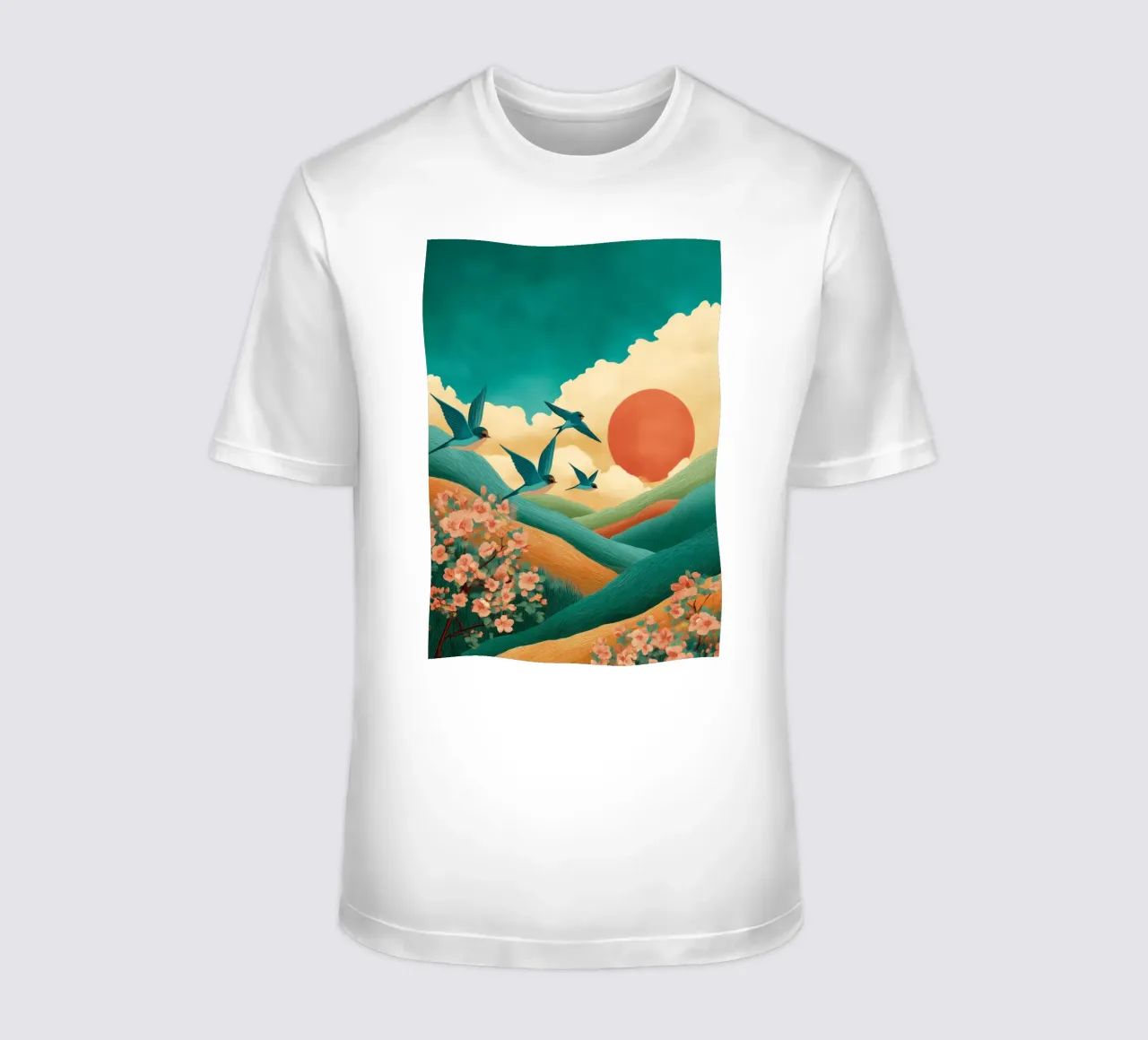 Swallows at Dawn – Flight Over Blossom Hills t-shirt da Dune