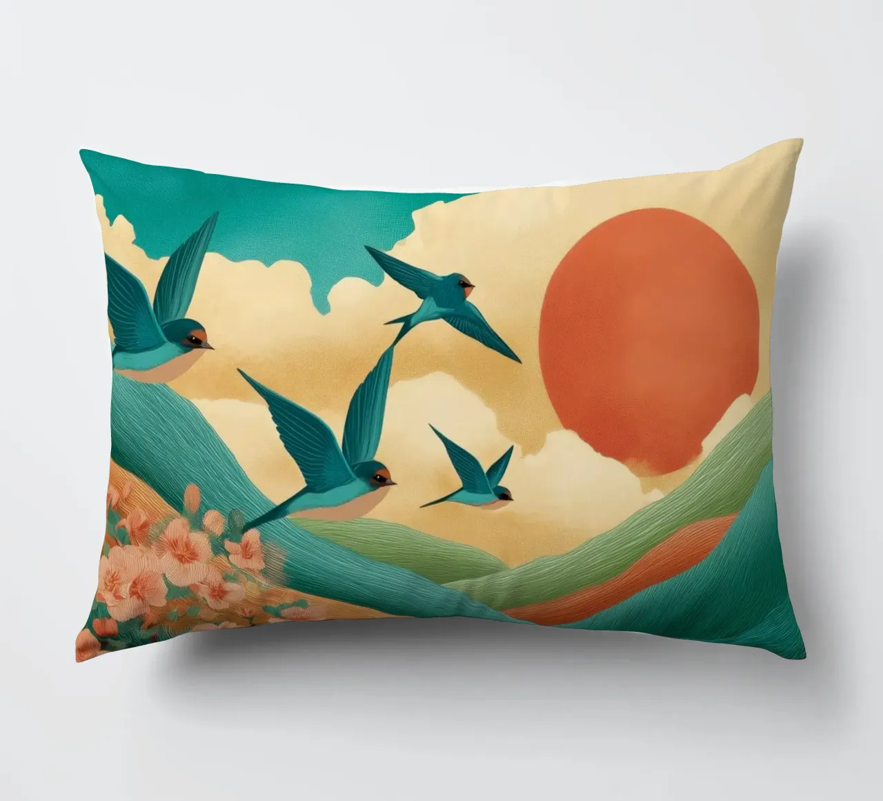 Swallows at Dawn – Flight Over Blossom Hills cuscino da Dune