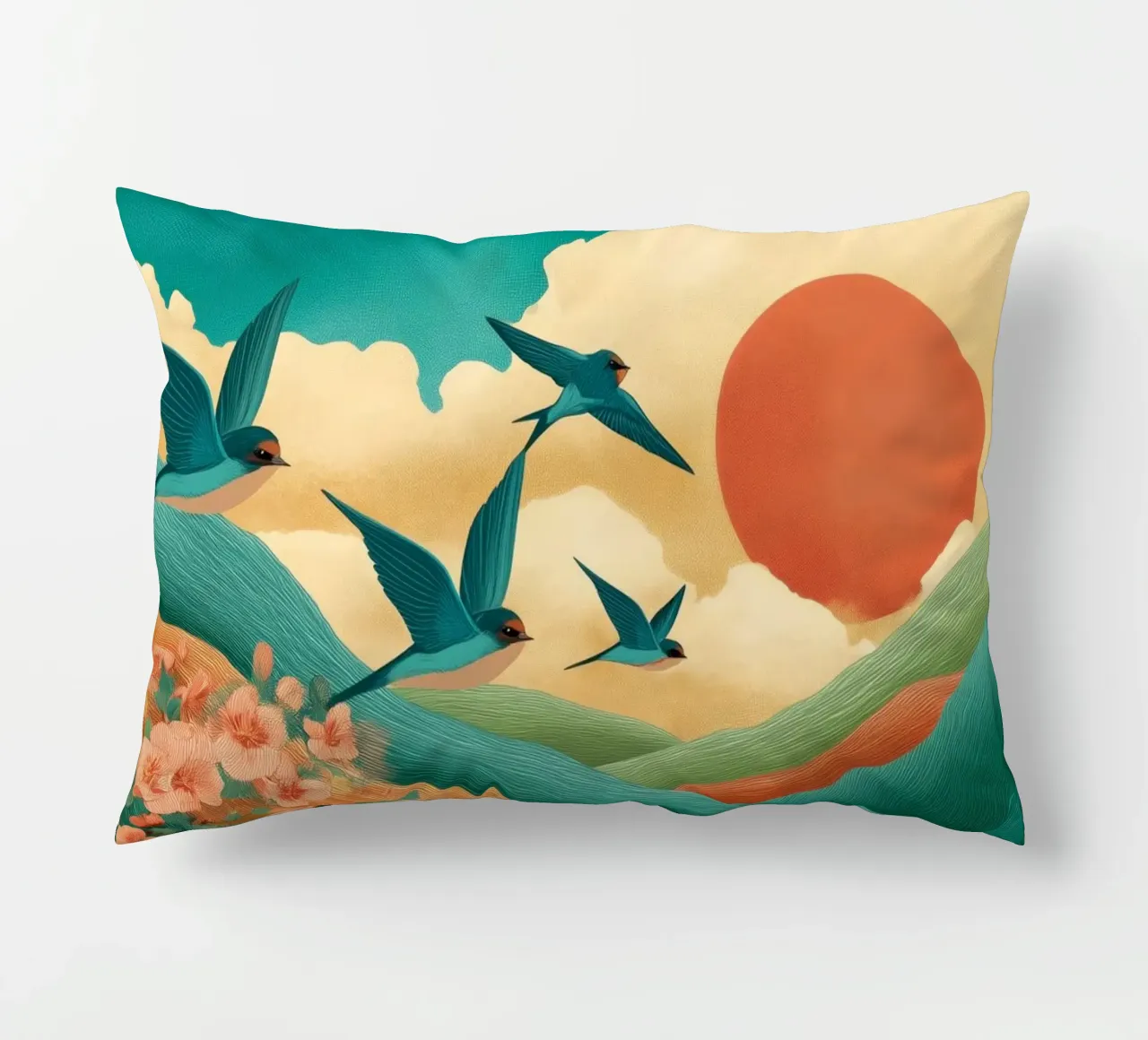 Swallows at Dawn – Flight Over Blossom Hills cuscino da Dune