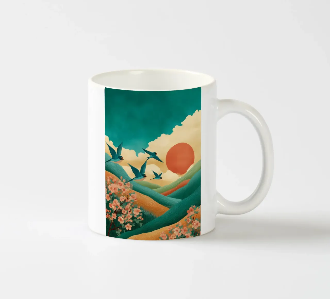 Swallows at Dawn – Flight Over Blossom Hills tazza in ceramica da Dune