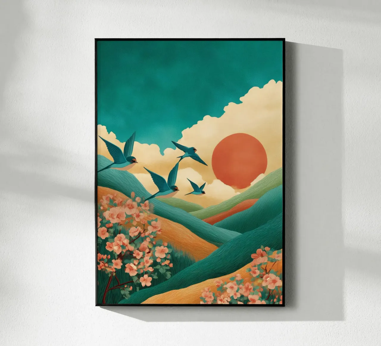 Swallows at Dawn – Flight Over Blossom Hills plexiglass da Dune