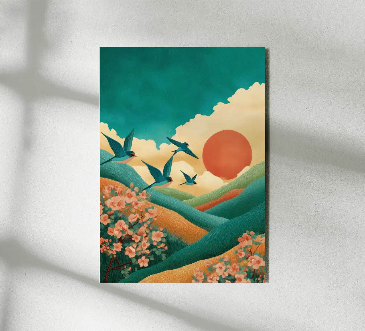 Swallows at Dawn – Flight Over Blossom Hills pannello forex da Dune