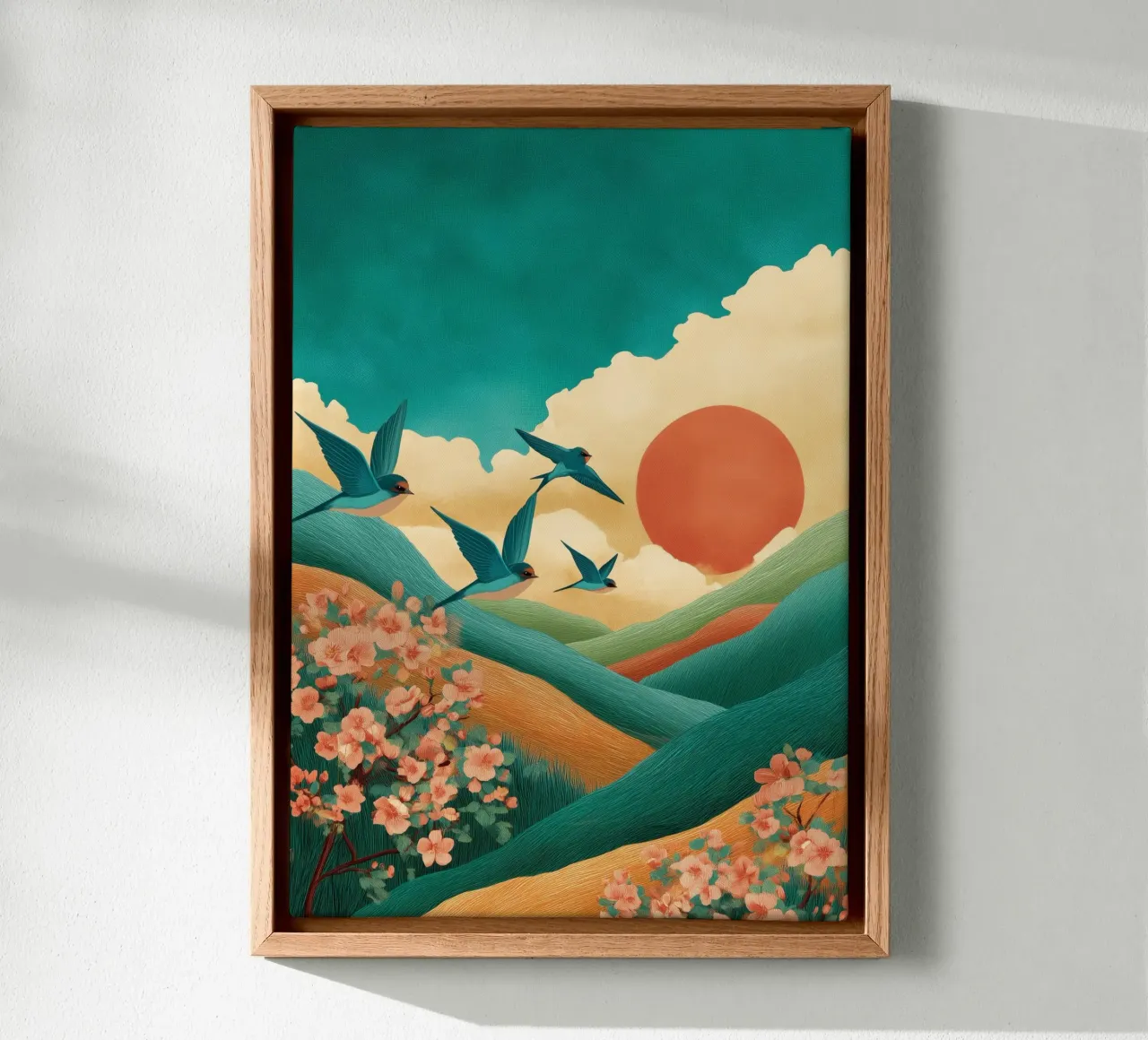 Swallows at Dawn – Flight Over Blossom Hills tela con Cornice a cassetta da Dune