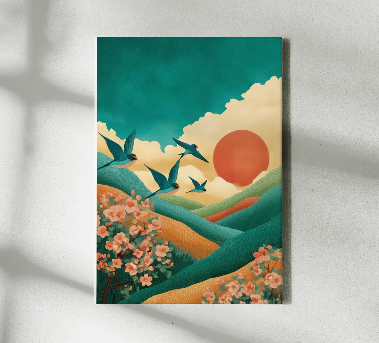 Swallows at Dawn – Flight Over Blossom Hills tela con Cornice a cassetta da Dune
