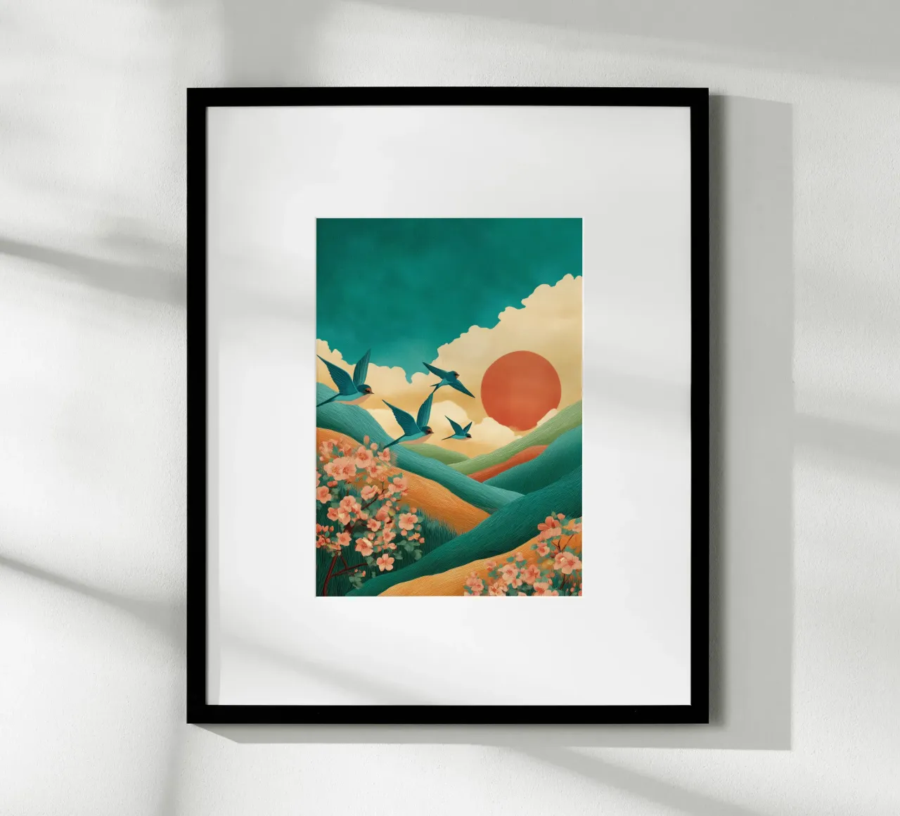 Swallows at Dawn – Flight Over Blossom Hills poster da Dune