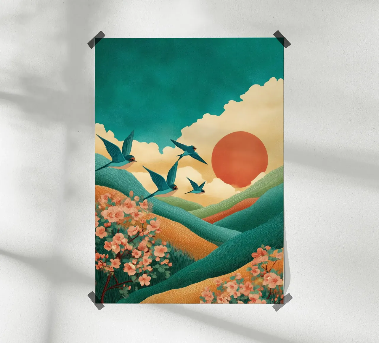 Swallows at Dawn – Flight Over Blossom Hills poster da Dune