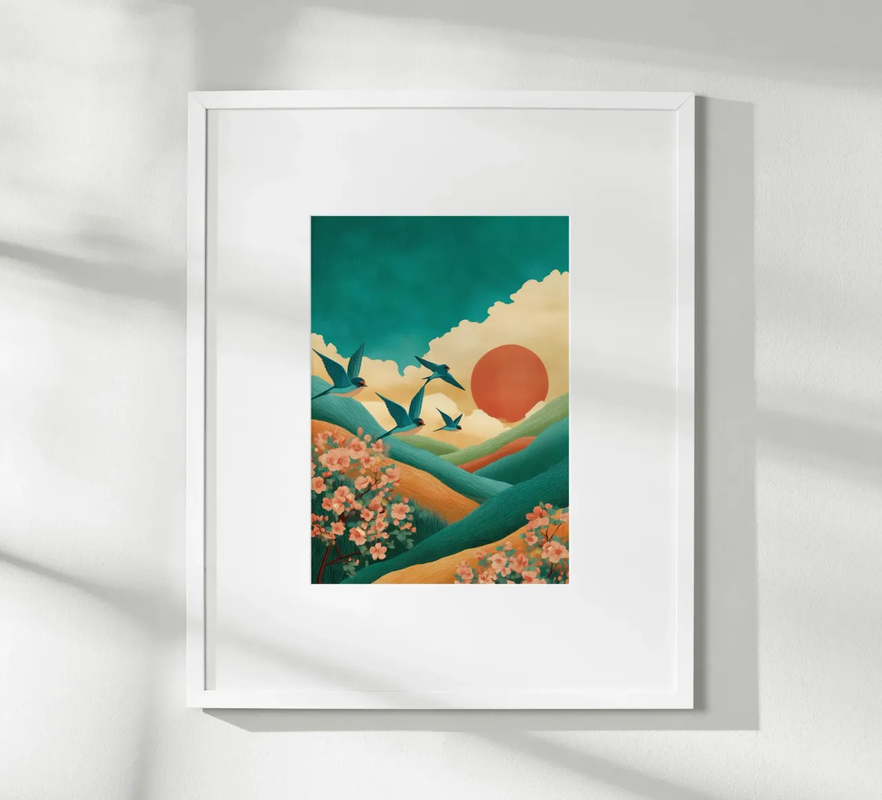 Swallows at Dawn – Flight Over Blossom Hills poster da Dune