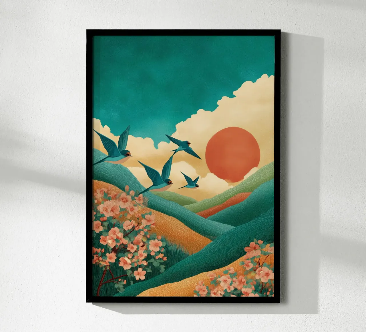 Swallows at Dawn – Flight Over Blossom Hills poster da Dune