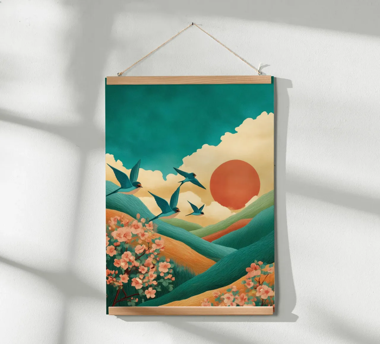 Swallows at Dawn – Flight Over Blossom Hills poster da Dune
