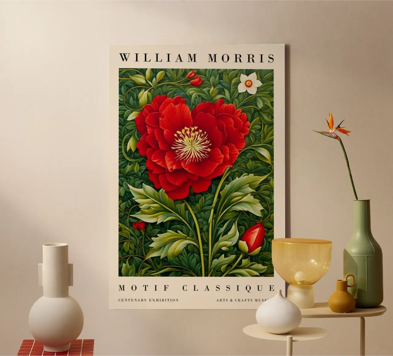 large red poppies with green leaves canvas with Floater frame by Ropech Shop