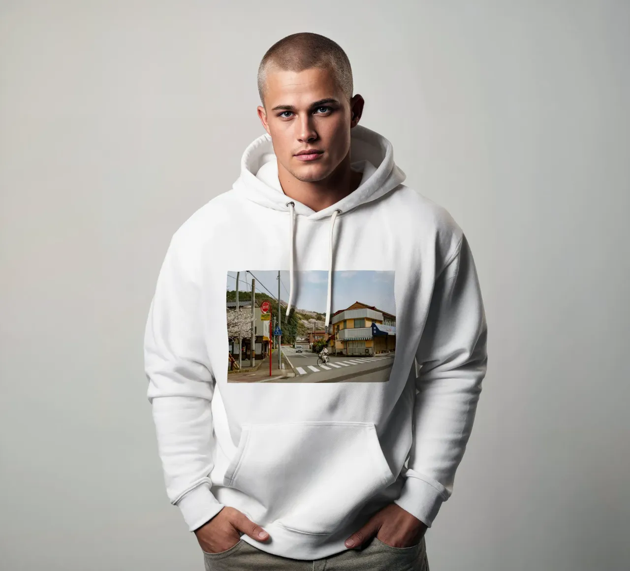 Scena di strada di una piccola città giapponese felpa con cappuccio da Marcel Bisig
