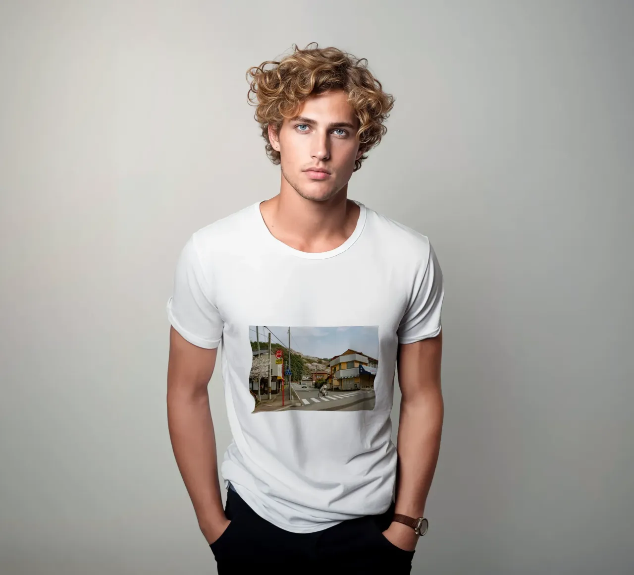 Scena di strada di una piccola città giapponese t-shirt da Marcel Bisig