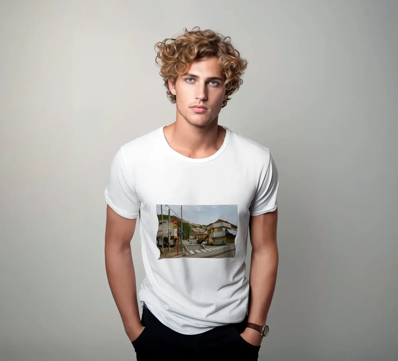 Scena di strada di una piccola città giapponese t-shirt da Marcel Bisig