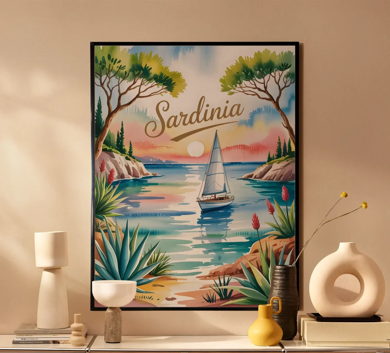Sardinien Aquarell Reiseposter poster con telaio in legno da Vintage Travel Art