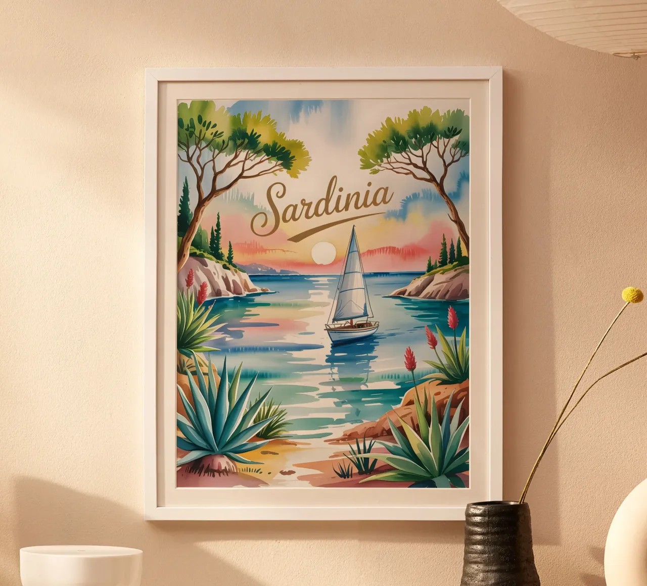 Sardinien Aquarell Reiseposter poster con telaio in legno da Vintage Travel Art