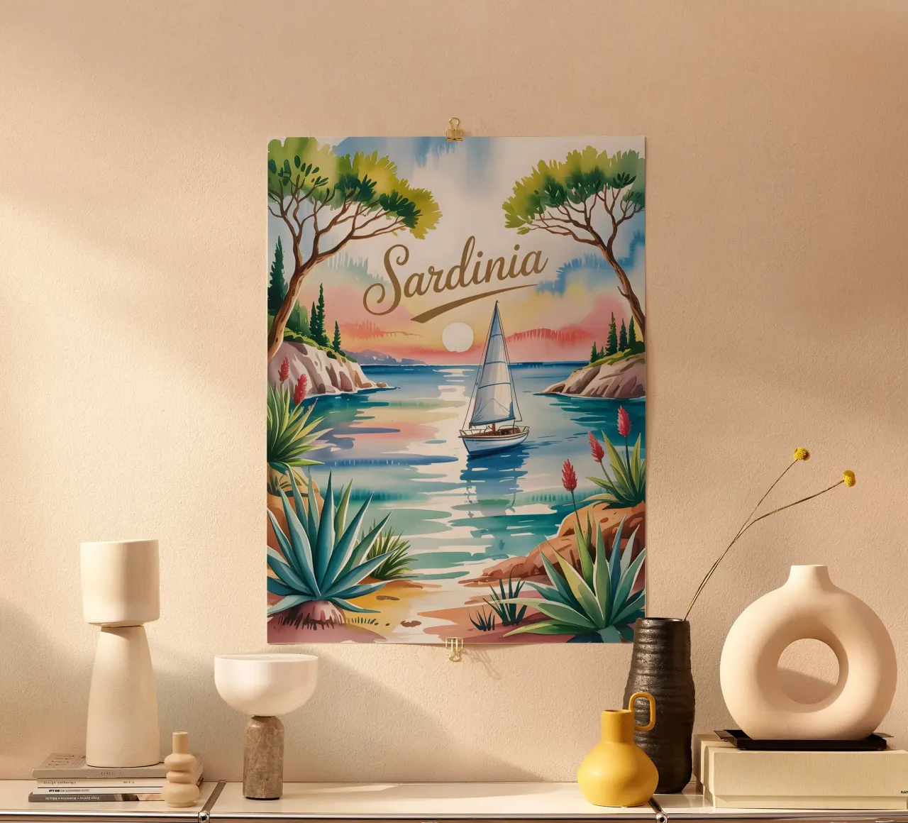 Sardinien Aquarell Reiseposter poster con telaio in legno da Vintage Travel Art