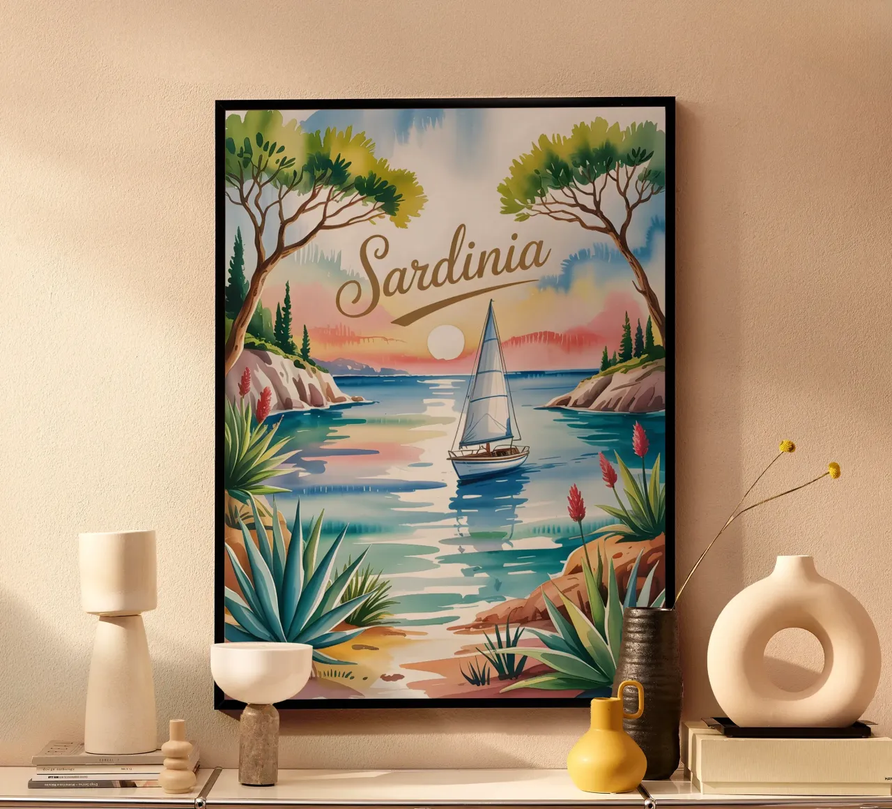 Sardinien Aquarell Reiseposter poster con telaio in legno da Vintage Travel Art