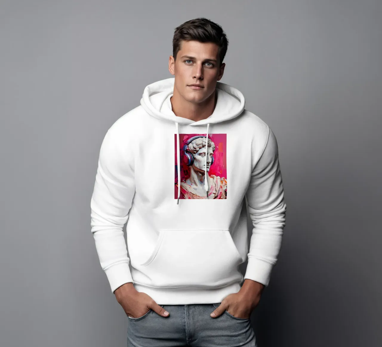 Ritratto Pop Art Scultura con cuffie Michelangelo David felpa con cappuccio da Take Your Art BV