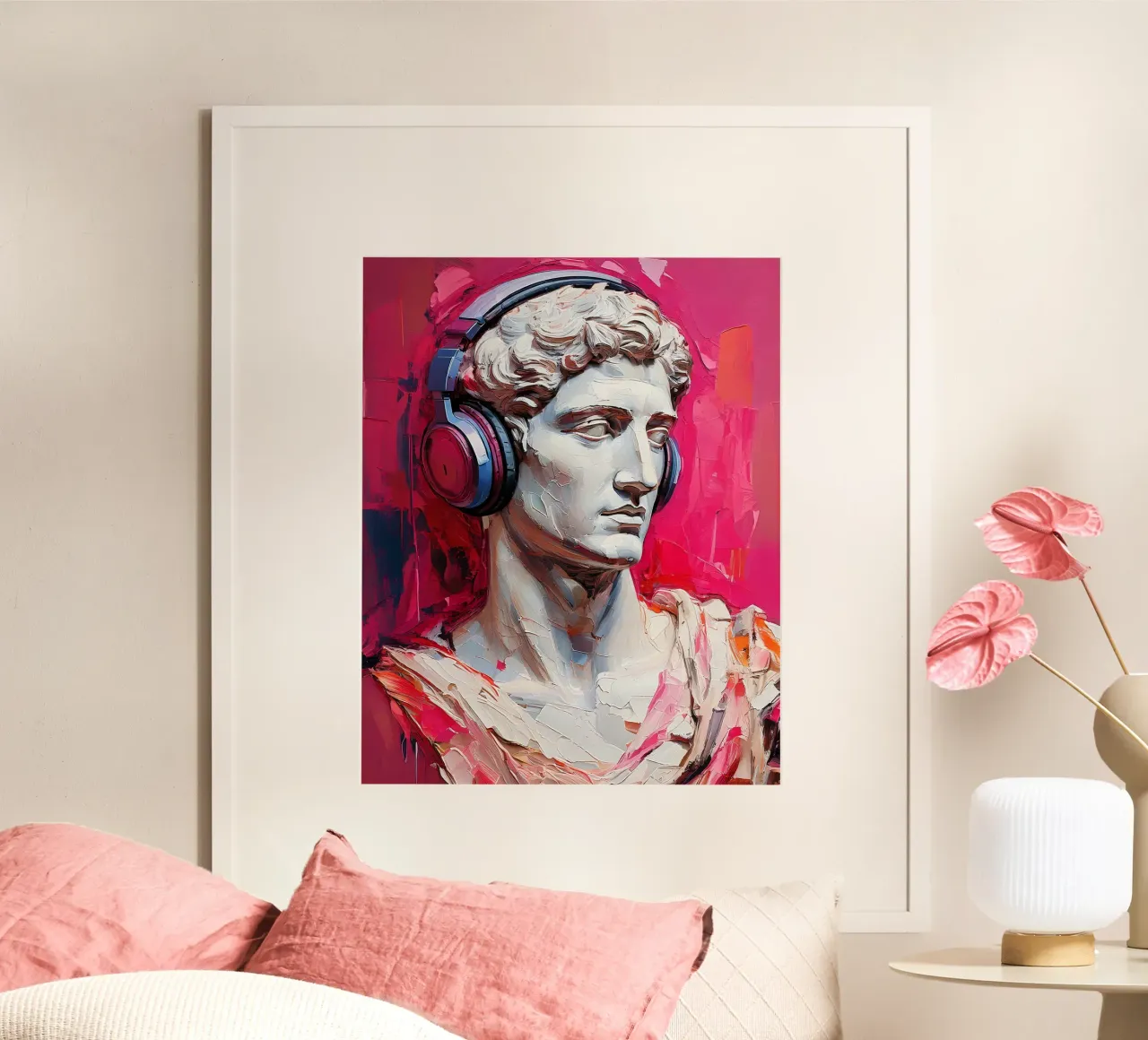Ritratto Pop Art Scultura con cuffie Michelangelo David poster con telaio in alluminio da Take Your Art BV