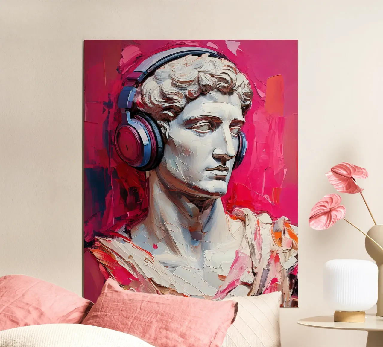 Ritratto Pop Art Scultura con cuffie Michelangelo David poster con telaio in alluminio da Take Your Art BV