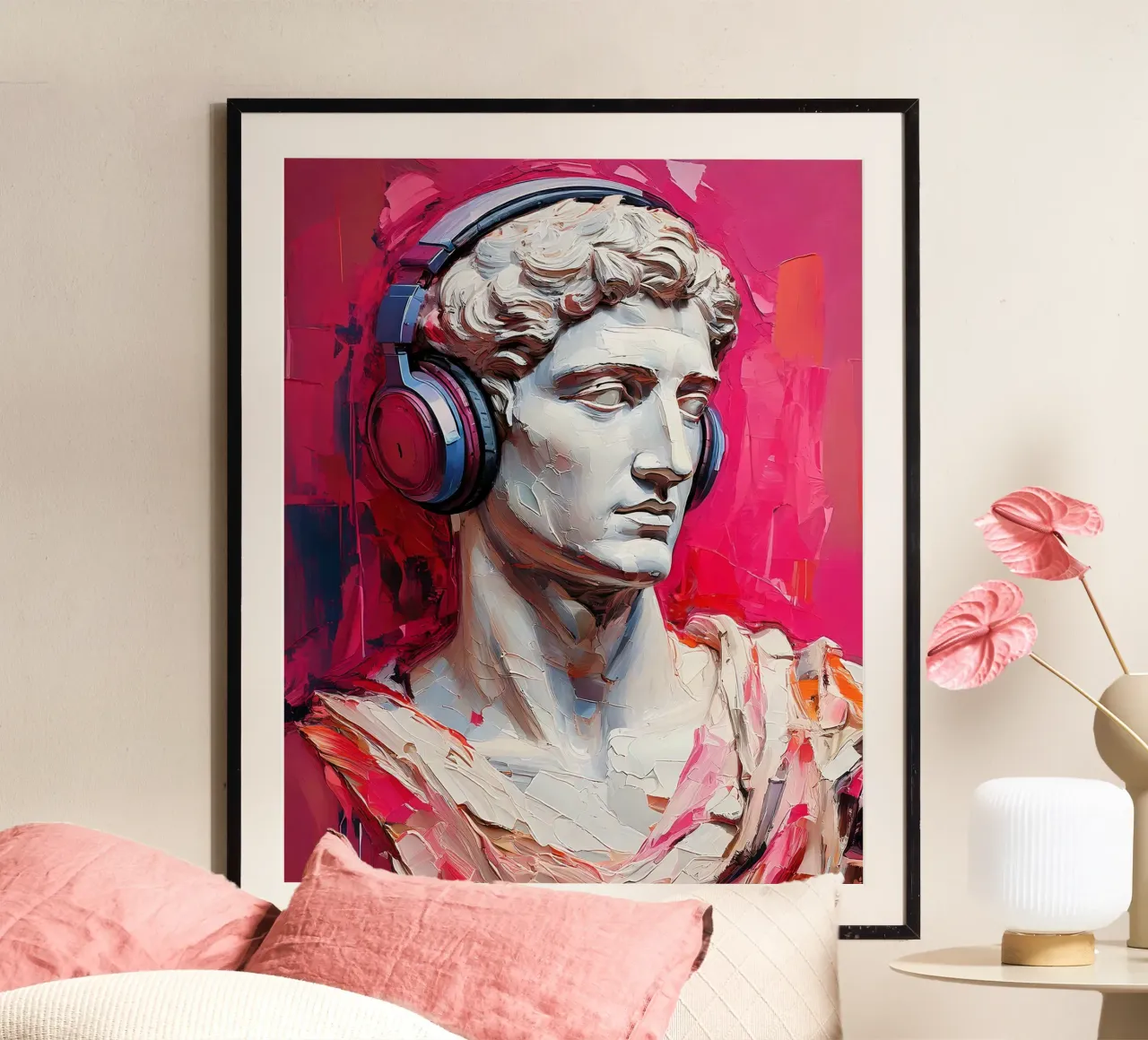 Ritratto Pop Art Scultura con cuffie Michelangelo David poster con telaio in alluminio da Take Your Art BV