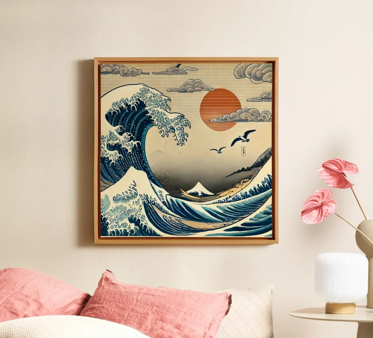 Il tramonto dell'onda Hokusai tela con Cornice a cassetta da HKS JAPANESESTORE