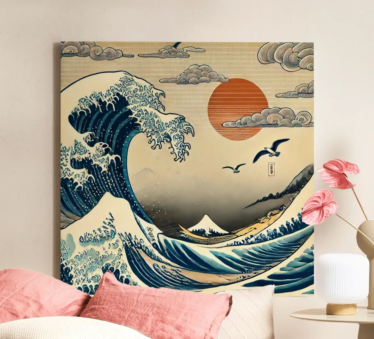 Il tramonto dell'onda Hokusai tela con Cornice a cassetta da HKS JAPANESESTORE