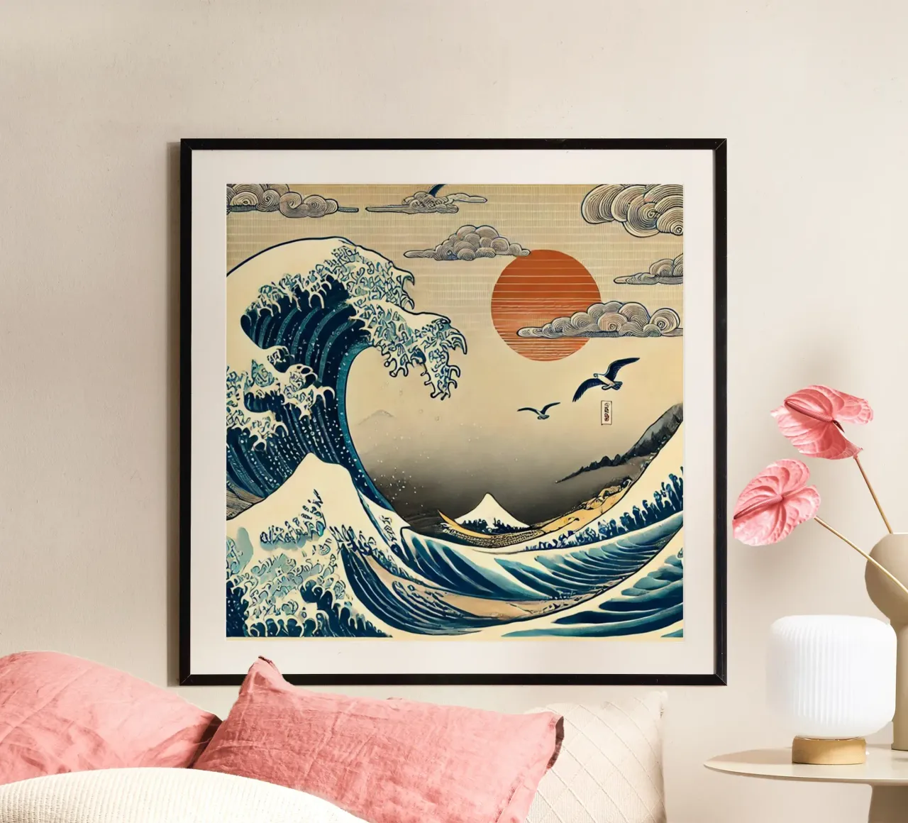 Il tramonto dell'onda Hokusai poster con telaio in alluminio da HKS JAPANESESTORE