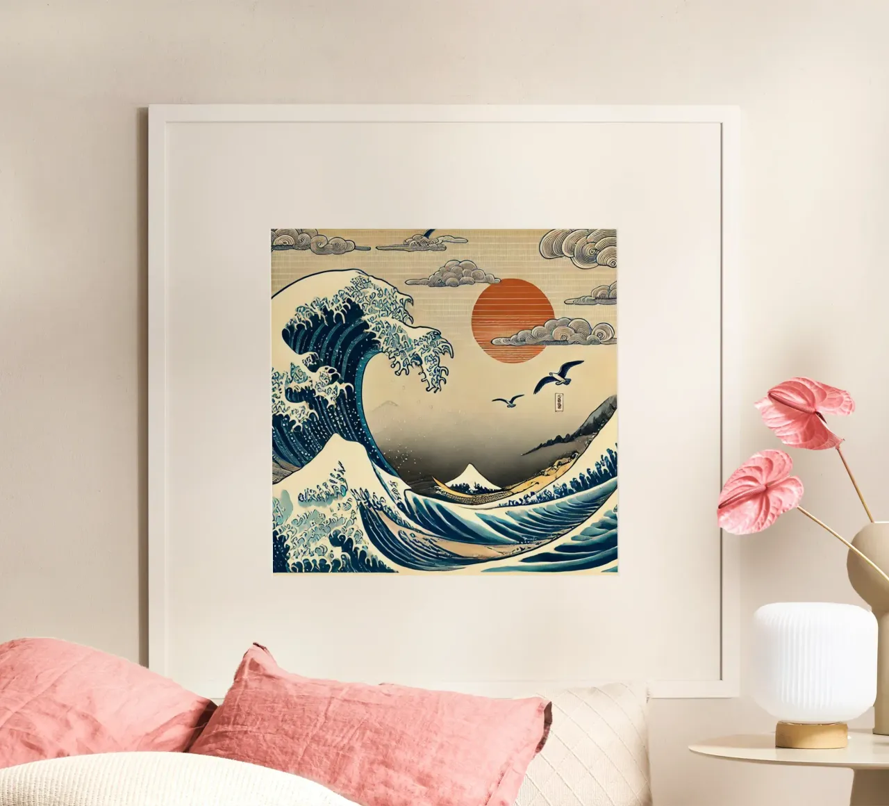 Il tramonto dell'onda Hokusai poster con telaio in alluminio da HKS JAPANESESTORE