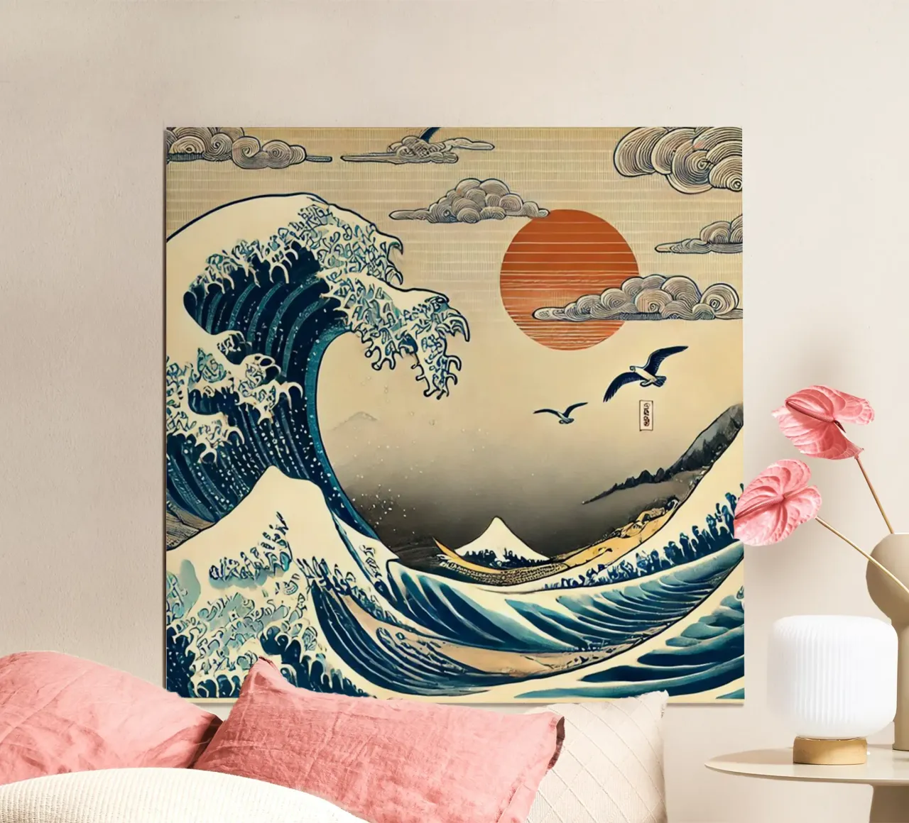 Il tramonto dell'onda Hokusai poster con telaio in alluminio da HKS JAPANESESTORE
