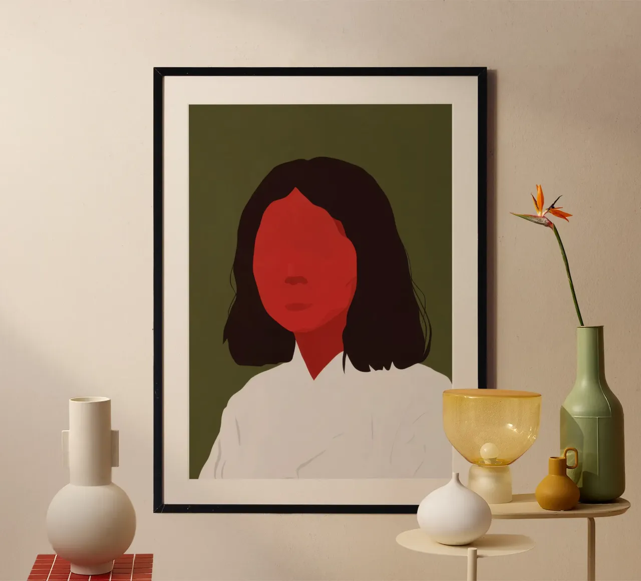 Donna in ombra rossa poster con telaio in legno da Luna Aura
