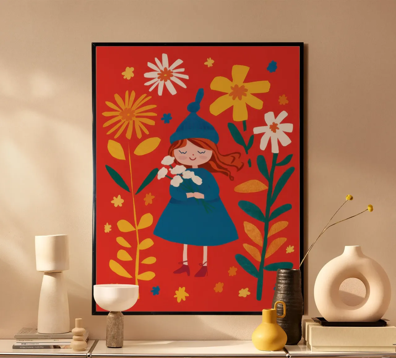 Bambina dei fiori dai capelli rossi poster con telaio in legno da Luna Aura