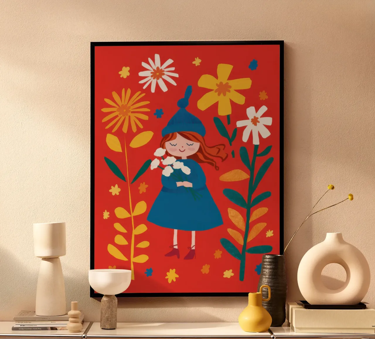 Bambina dei fiori dai capelli rossi poster con telaio in legno da Luna Aura