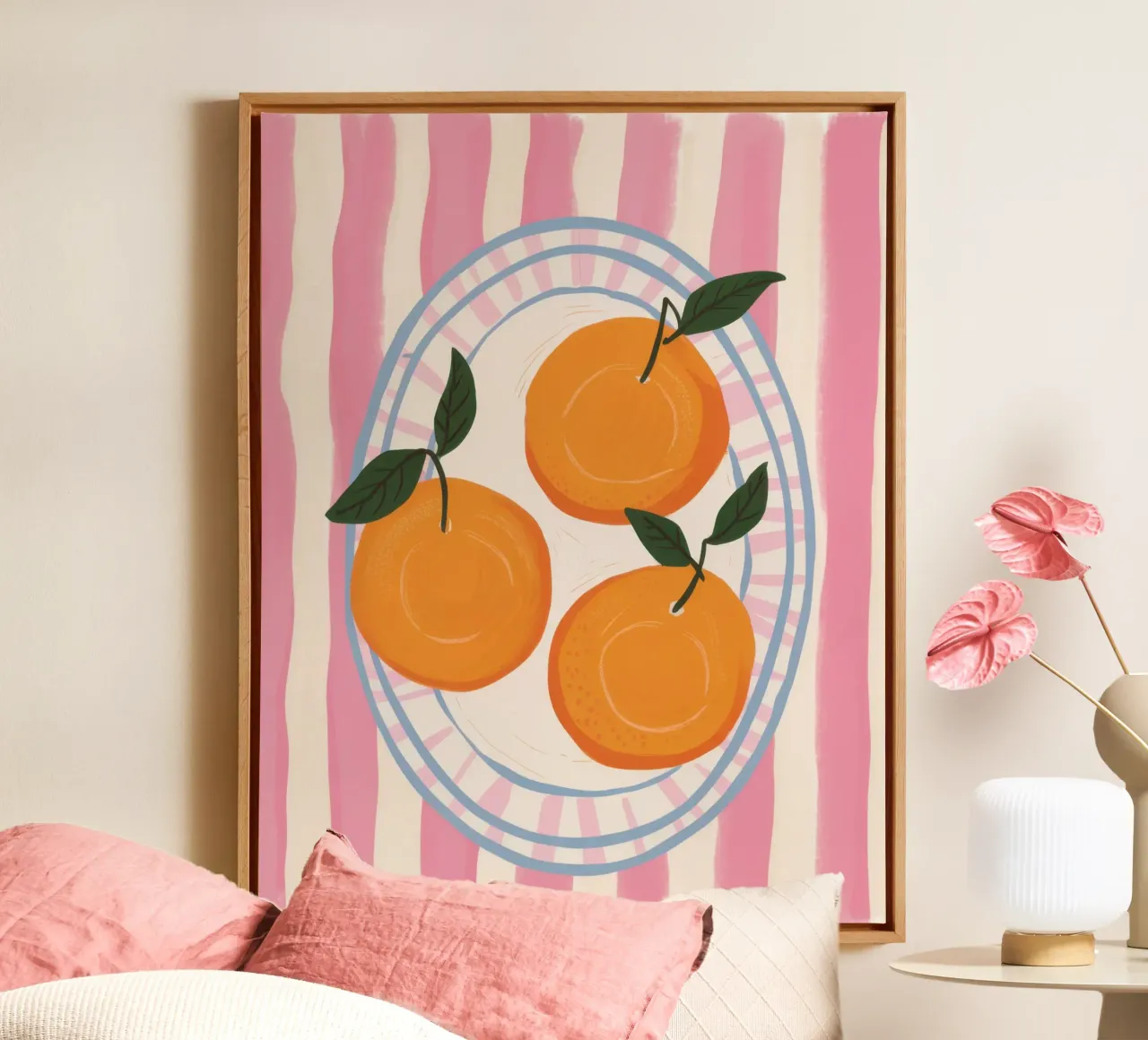 Oranges on Stripe canvas with Floater frame by Gaia Viesta