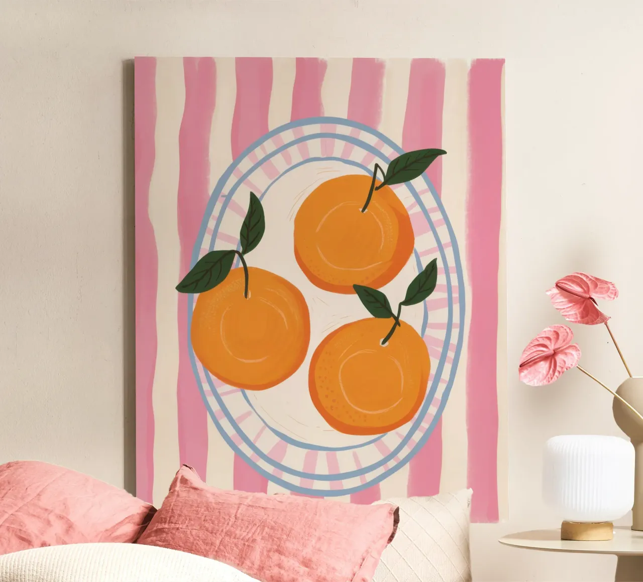 Oranges on Stripe canvas with Floater frame by Gaia Viesta