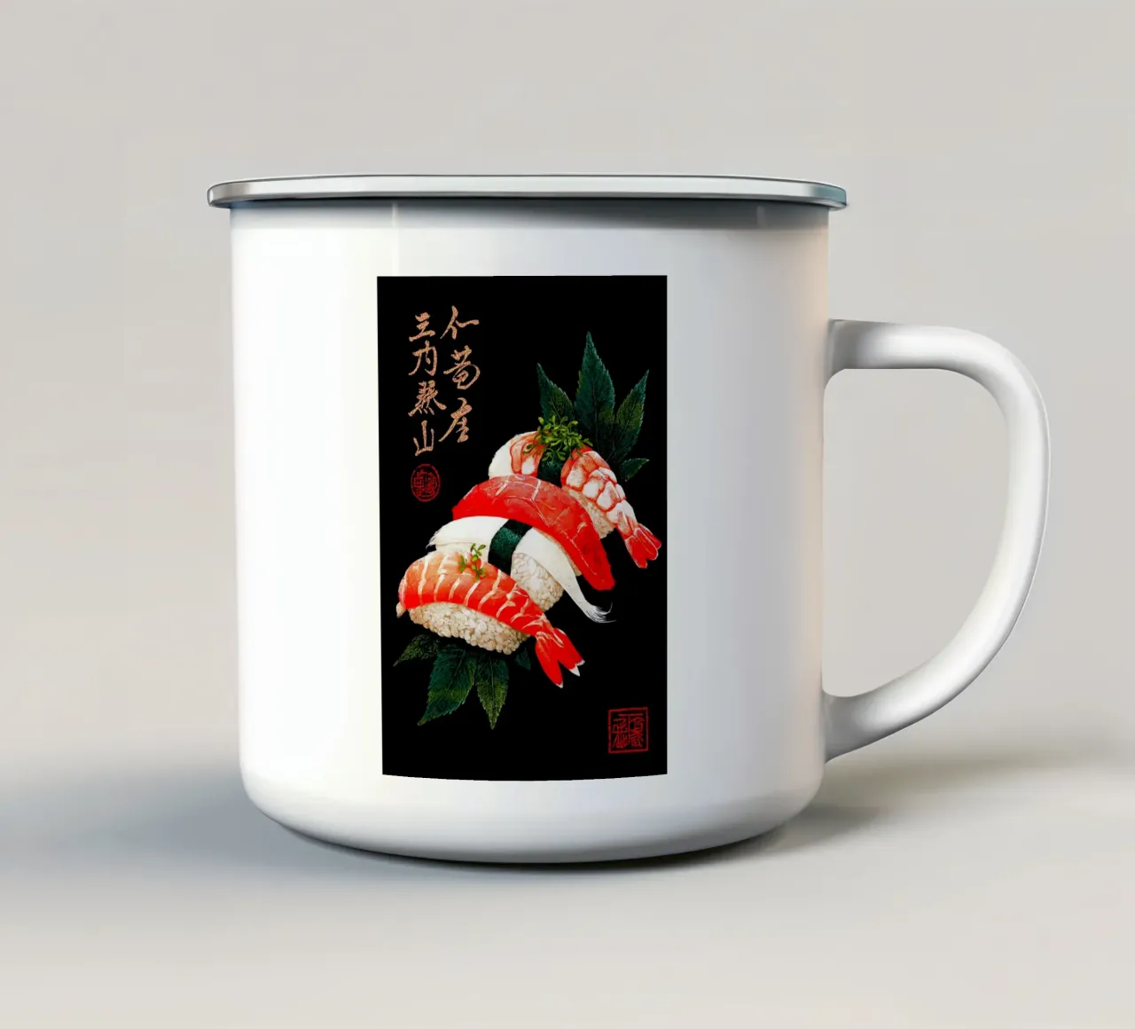 Sushi tazza in smalto da Chimera Canvas
