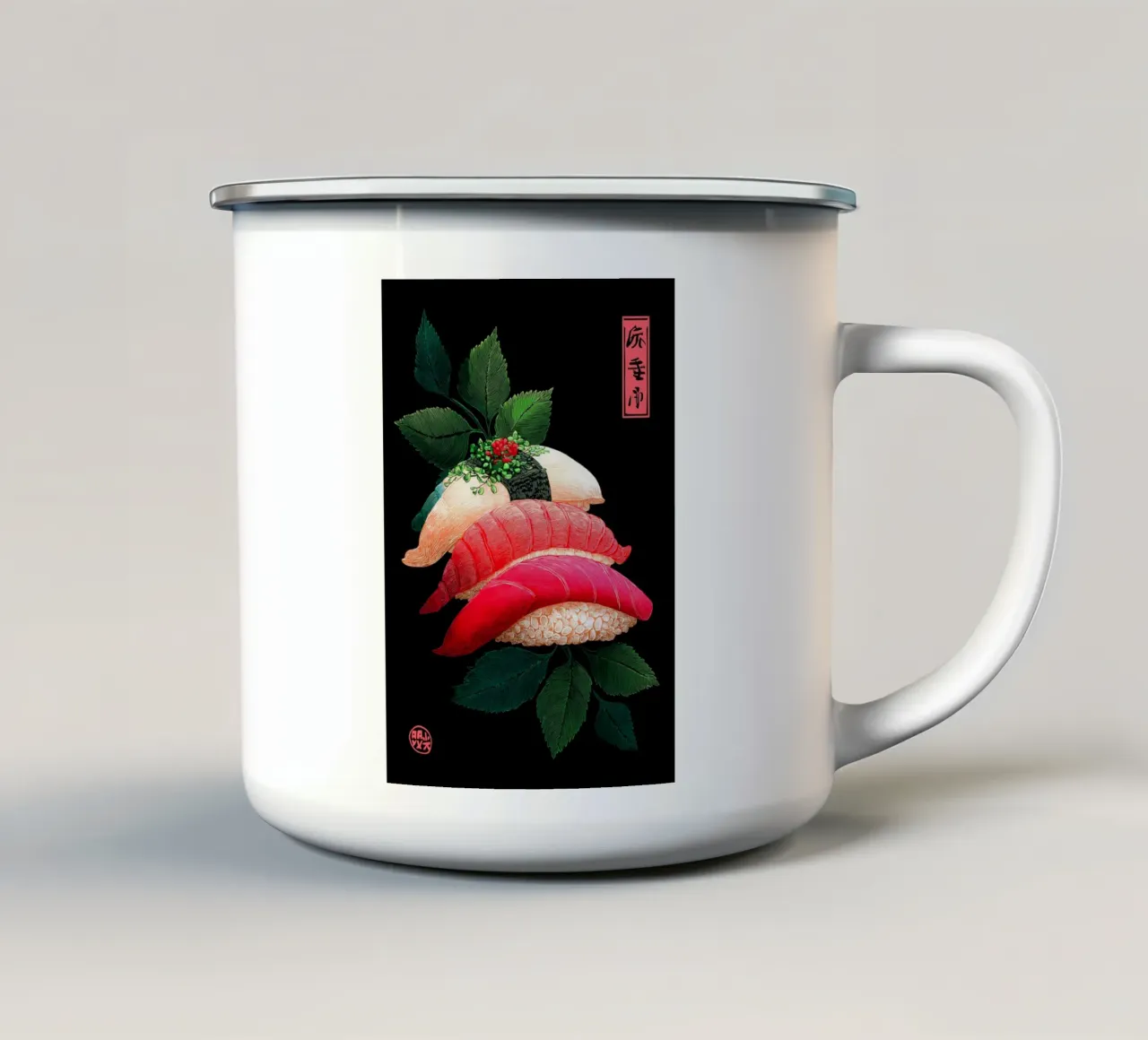 Sushi tazza in smalto da Chimera Canvas